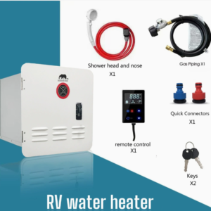 Outdoor-use gas water heater, LPG-compatible, built-in instant heating, intelligent temperature control.