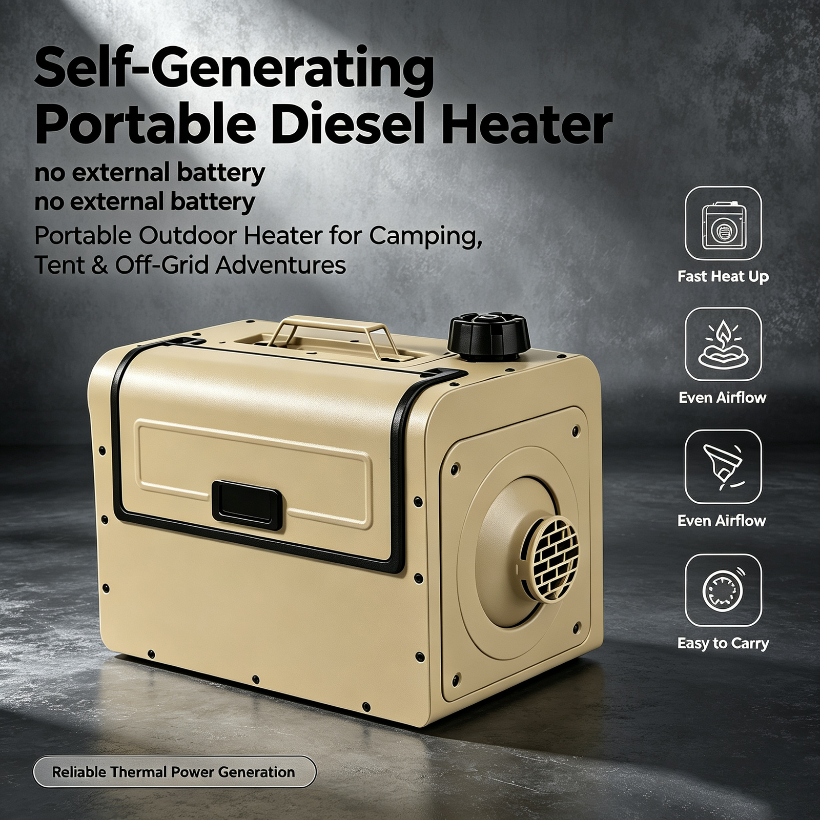 Self-Generating Portable Diesel Heater. No external battery